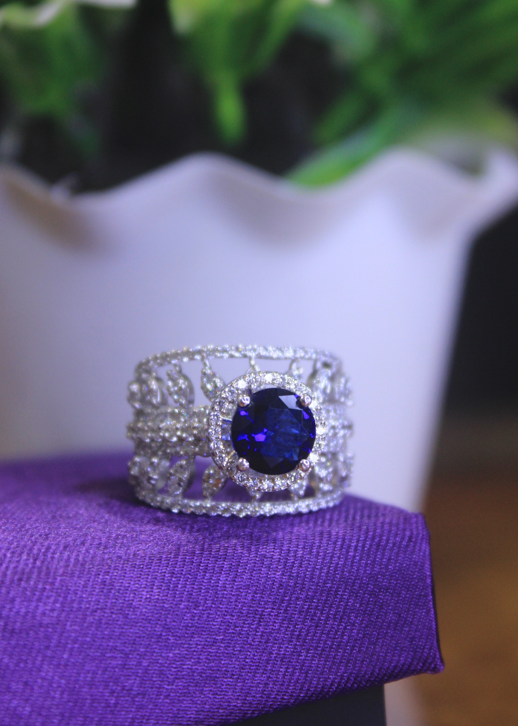 Sapphire Blue Crystal Ring, Wide Band Filigree, Sterling Silver Halo