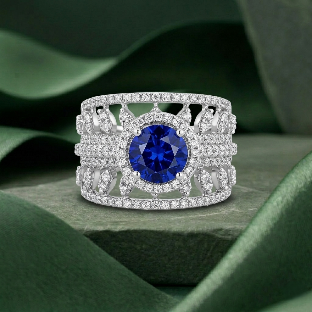Blue Sapphire Diamond Ring in White Gold