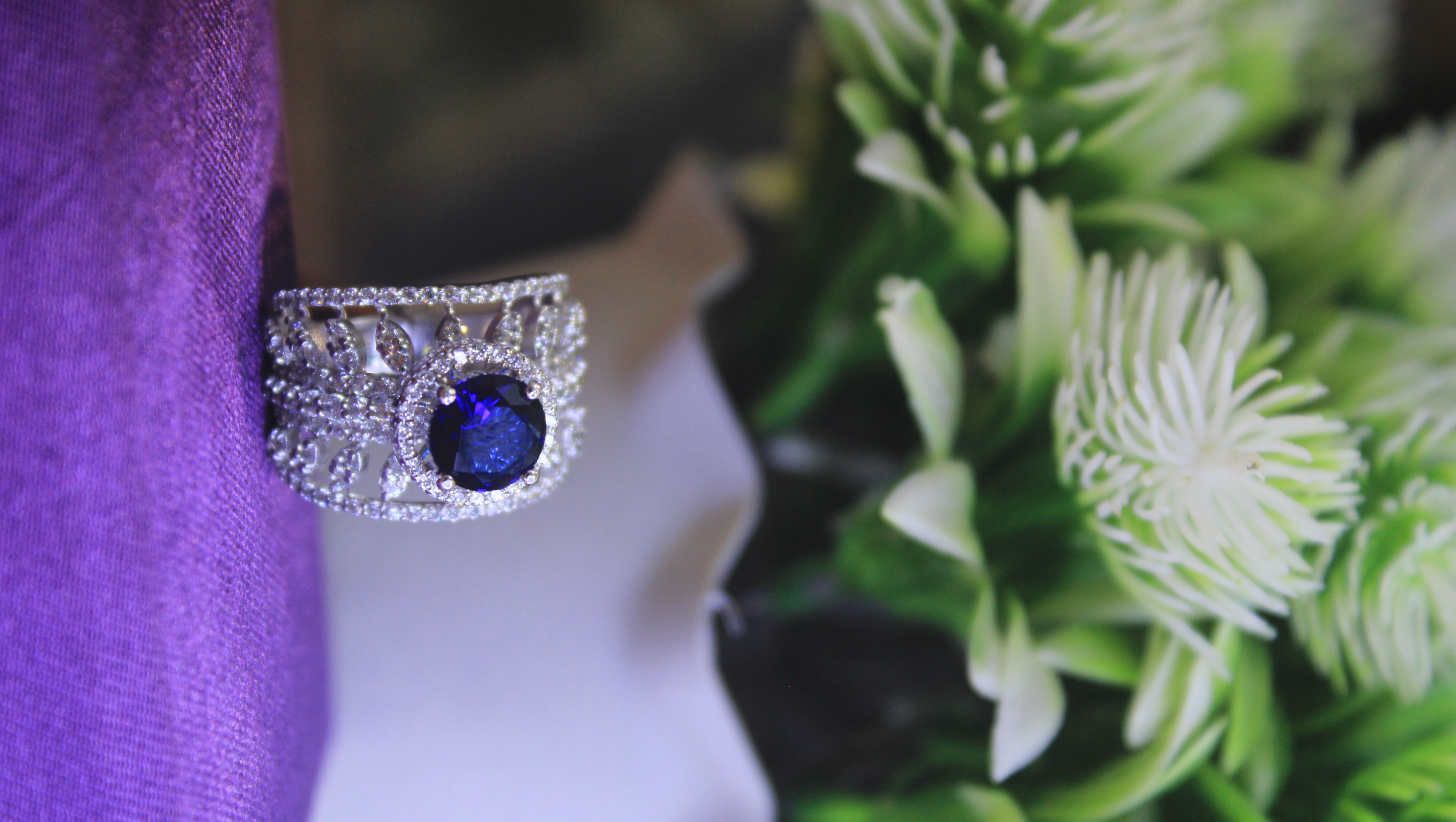 Sapphire Blue Crystal Ring, Wide Band Filigree, Sterling Silver Halo 2