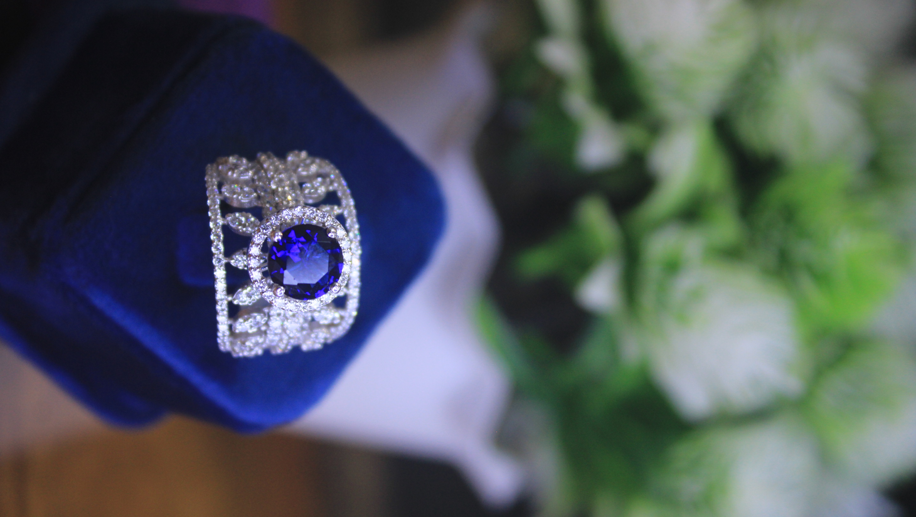 Sapphire Blue Crystal Ring, Wide Band Filigree, Sterling Silver Halo 3