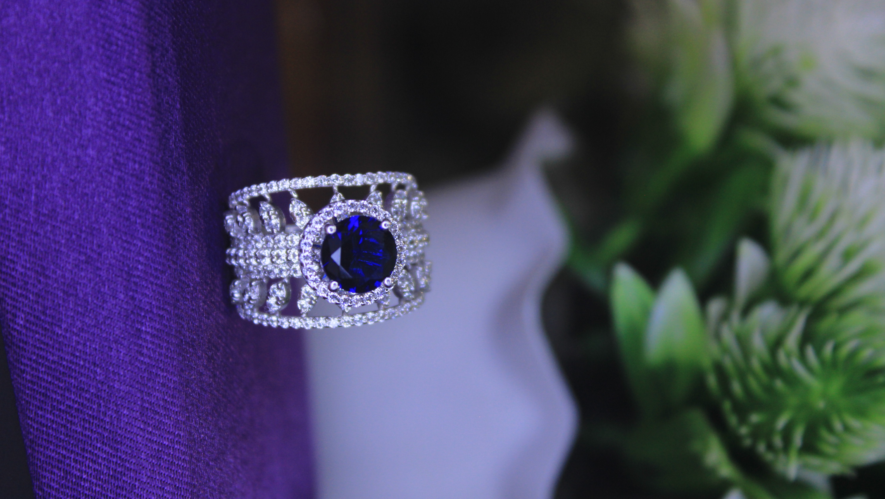 Sapphire Blue Crystal Ring, Wide Band Filigree, Sterling Silver Halo 4